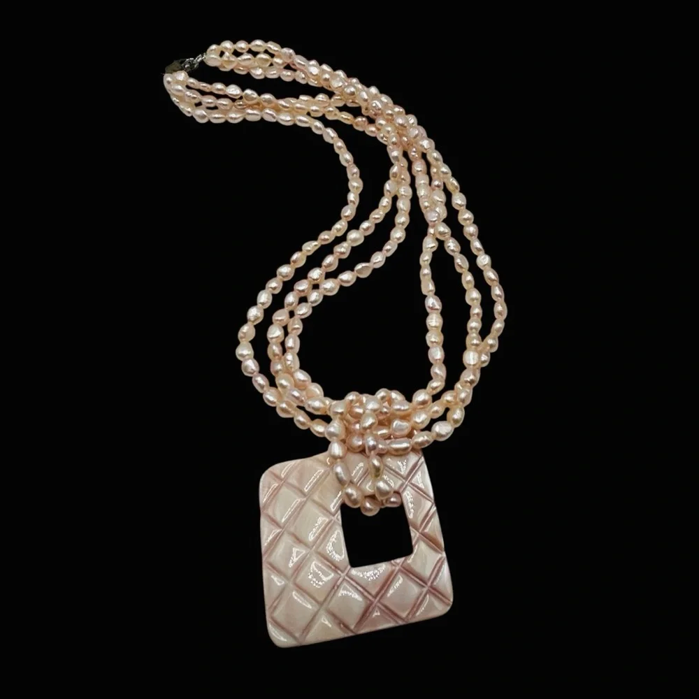 Triple Strand Pink Cultured Pearl Necklace Carved Shell Pendant